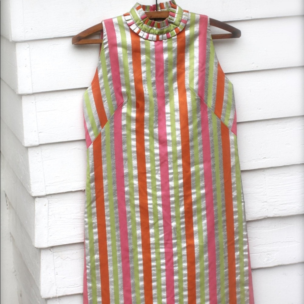 Circus Stripes Silver Mini-Dress Vintage 1960s Sleeveless Shift Ruffle Collar xs - Picture 1 of 4